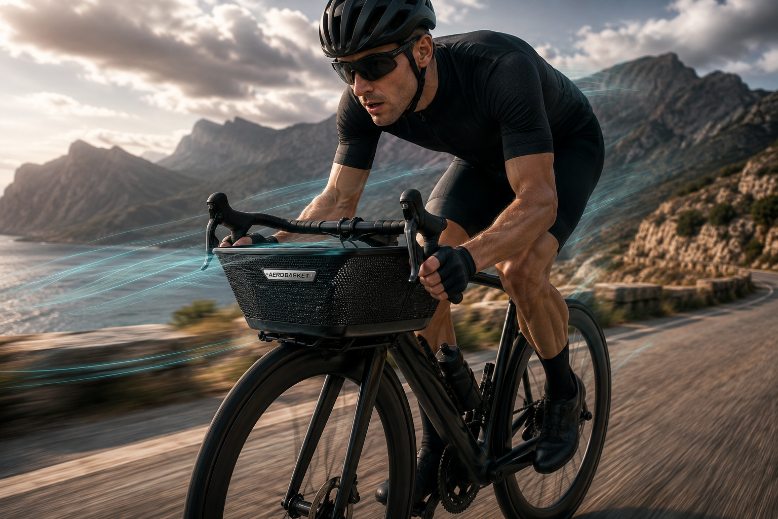 Road cyclist with AEROBASKET riding in the mountains